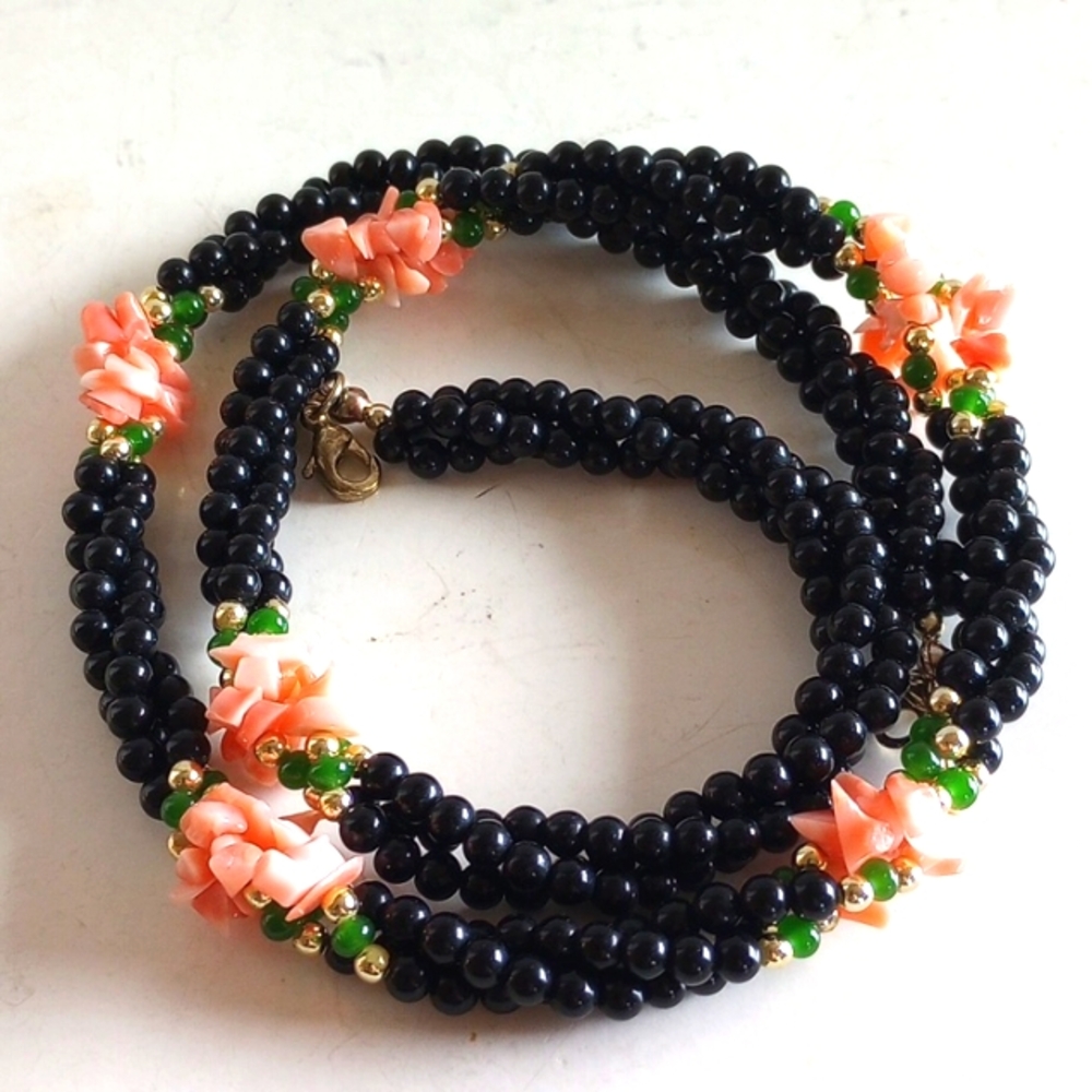 VINTAGE PINK ANGEL SKIN CORAL BLACK GREEN GLASS 3 STRANDS ROPE NECKLACE 22" LONG